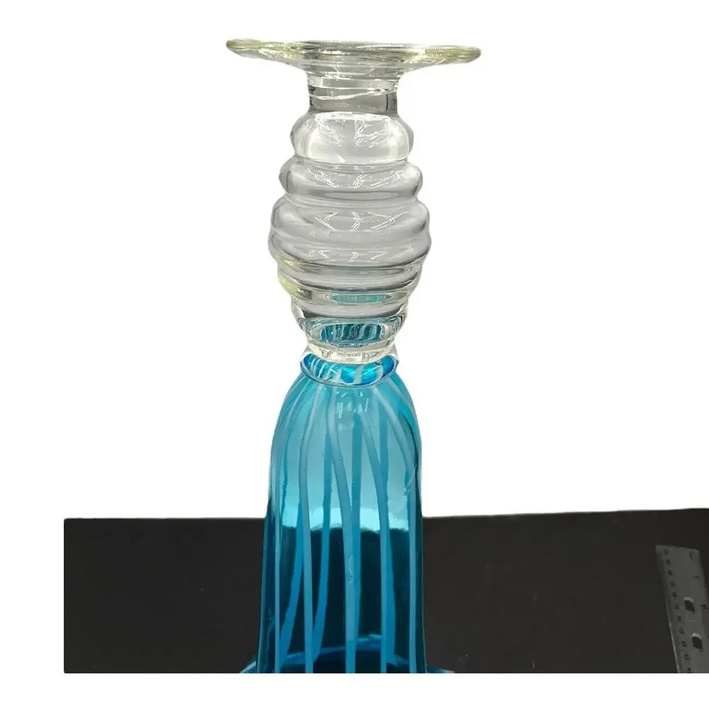 Vtg 14'' Blue Hand Blown Glass Vase Spiral Ice Blue Ruffled Top Clear‎ Base EUC